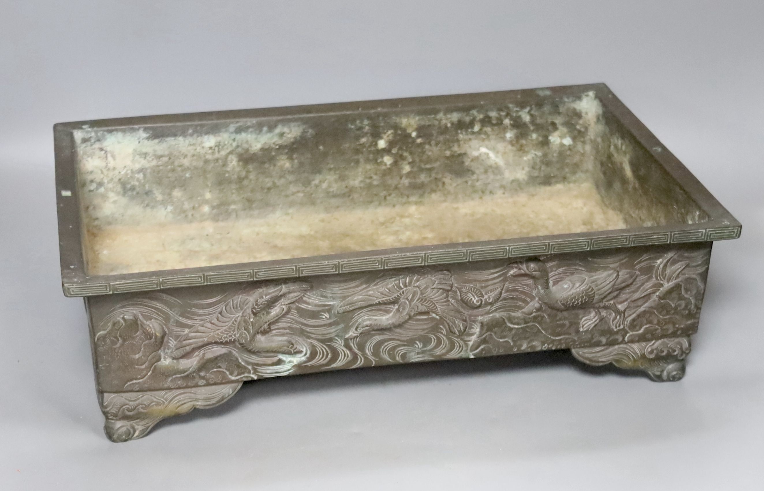 A Japanese bronze rectangular planter, width 39cm height 11cm